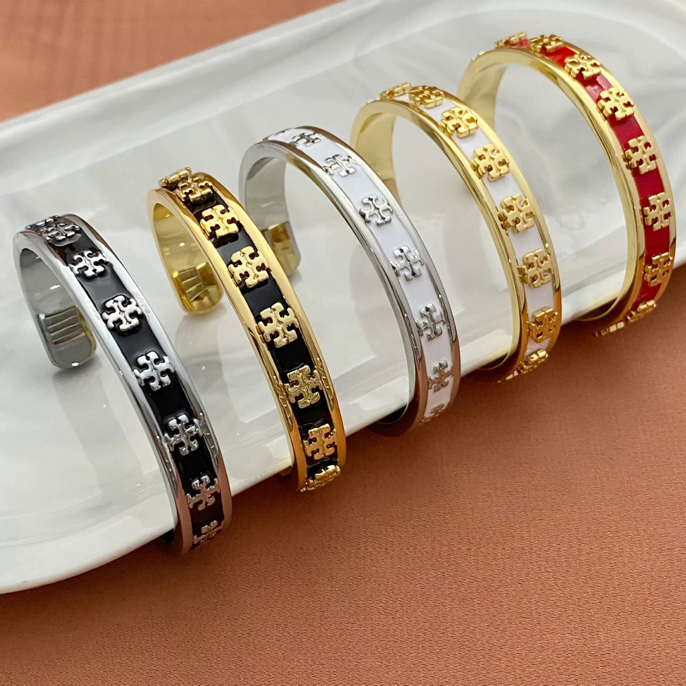 Tory Burch Enameled Letter Open Metal Bracelet